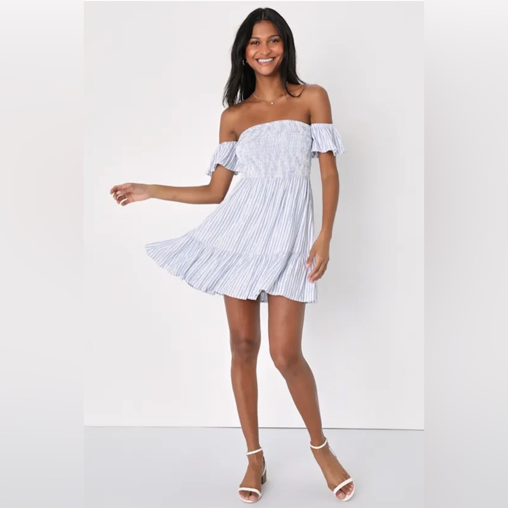 Like new! Lulus Darling Romantic Blue Striped Smocked Off-the-Shoulder Dress